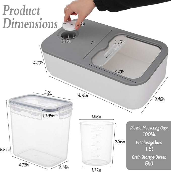 Rice Storage Container Set, 11 Lbs Plastic Airtight Rice Dispenser with Measuring Cup Dry Food Pantry Organizer Storage Bucket Box with Lid Food Container Kitchen Organizer for Grain Cereal