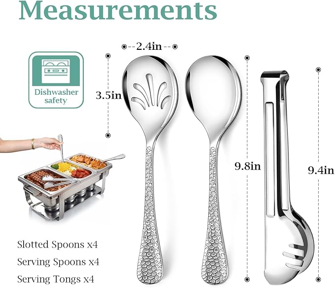 Teivio Hammered Stainless Steel Metal Serving Utensils Set of 12, 10" Serving Spoons, 10" Slotted Spoons, 9" Serving Tongs, Large Hostess Serving Set for Parties Chafing Dish Buffet Catering (Silver)