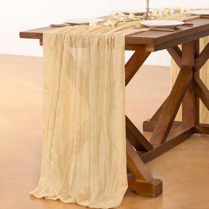 Socomi Gold Champagne Cheesecloth Table Runner Easter Spring Boho Rustic Gauze 120 inch 10FT Cheese Cloth Runner for Wedding Party Baby Shower Birthday Home Decor Holiday Decorations