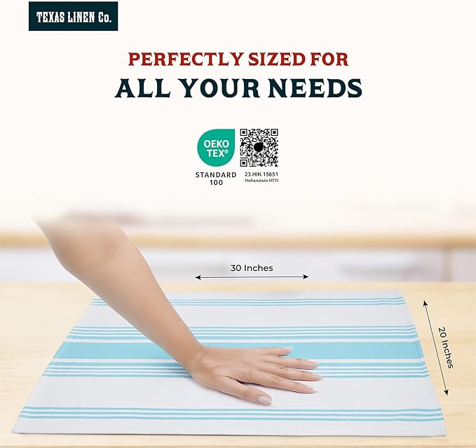 TEXAS LINEN CO. American Stripe Kitchen Towels 100% Cotton Pack of 6, Highly Absorbent Quick Drying, Soft Dish Towels 20x30 Inch for Kitchen with Hanging Loop, Hand & Tea Towel - Aqua & White Striped
