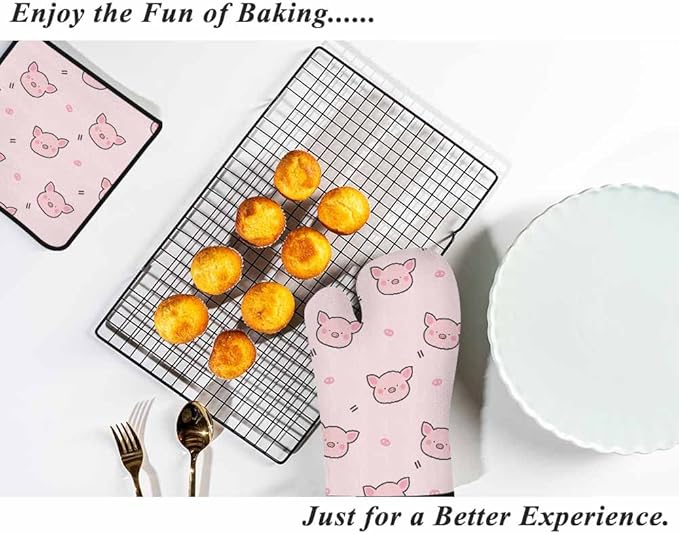 Pink Pig Oven Mitts and Pot Holders Sets Kawaii Face Lovely Heat Resistant 3pcs for Cooking Baking BBQ