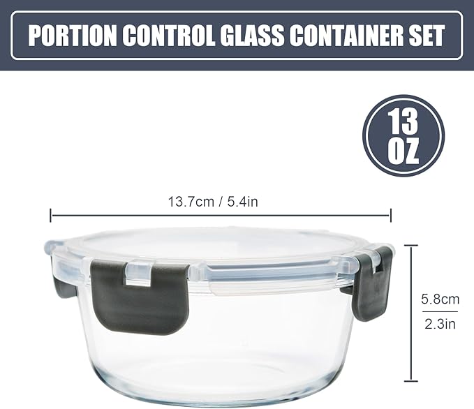 6Pack 13oz Glass Meal Prep Containers, Small Round Glass Food Storage Containers Sets with Snap Leak Proof Lids for Microwave, Freezer and Dishwasher Safe (Grey, 13oz)