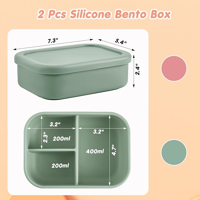 Layhit 2 Pcs Silicone Bento Box for Adults, 27 oz Bento Lunch Container Reusable 3 Compartment Lunchable Food Container for Women Men, Leak Proof Microwave Dishwasher Freezer Safe (Dark Red, Green)