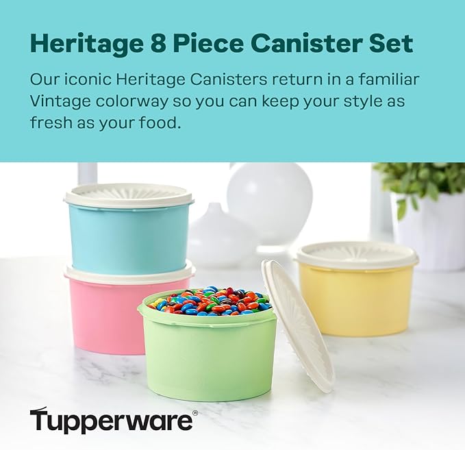 Tupperware Heritage Collection 8 Piece Food Storage Canister Set in Vintage Colors, Dishwasher Safe and BPA Free (4 Containers, 4 Lids)