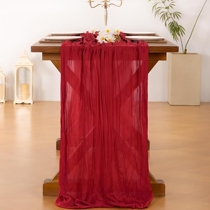 Socomi 2pcs Red Easter Spring Cheesecloth Table Runner Boho Rustic Gauze 120 inch 10FT Cheese Cloth Runner for Wedding Party Baby Shower Birthday Home Decor Holiday Decorations