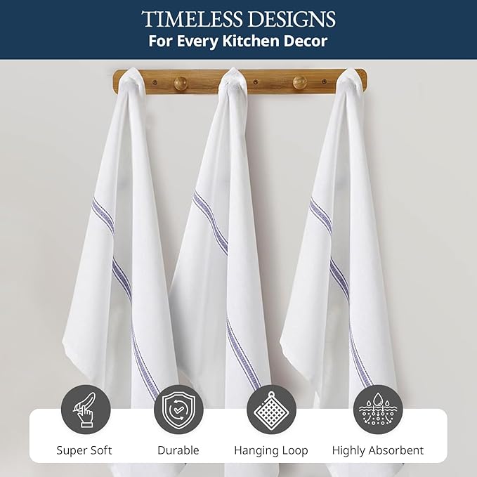 LANE LINEN Kitchen Towels, 6 Pack 14"x25" Dish Drying Towels, 100% Cotton Tea Towel with Hanging Loop, Reusable Napkin, Durable After Multiple Washes, Soft & Absorbent - Blue Stripe