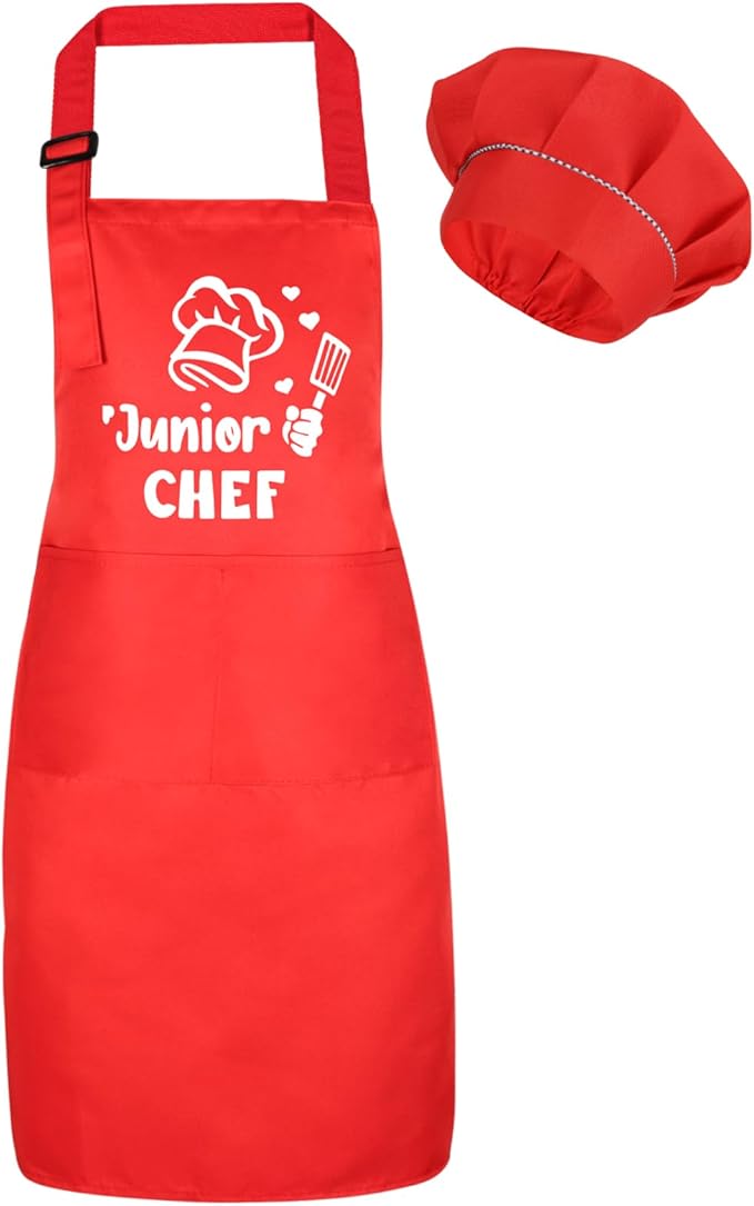 Kids Apron and Chef Hat Set, Funny Apron with 2 Pockets, Adjustable Kids Aprons for Cooking for Boys and Girls