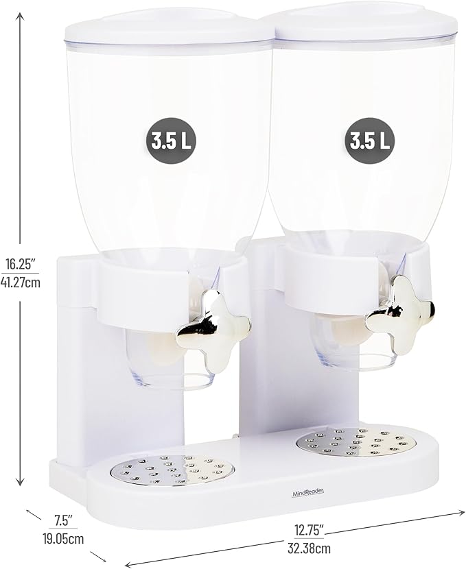 Mind Reader Double Cereal Dispenser for Countertop, 2 x 2L Airtight Containers, Rotating Dry Food Dispenser for Cereal, Rice, Candy, Coffee Beans, White