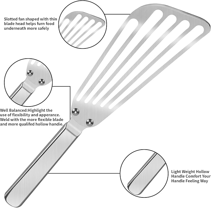 KSENDALO Stainless Steel Fish Spatula - Metal Thin Slotted Turner for Kitchen Cooking, Flexible Egg Flipper with Blade with Riveted Handle for Cooking, Hollow Grip Design (1 Pack)