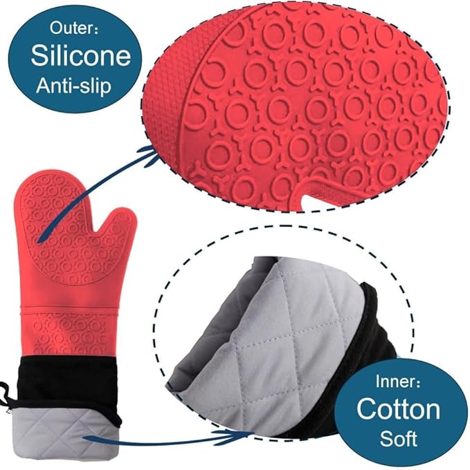 Extra Long Professional Silicone Oven Mitts with Quilted Liner, Durable Heat Resistant Oven Gloves, Heat Resistant Oven Gloves,2pcs (Red, 19.7inch)