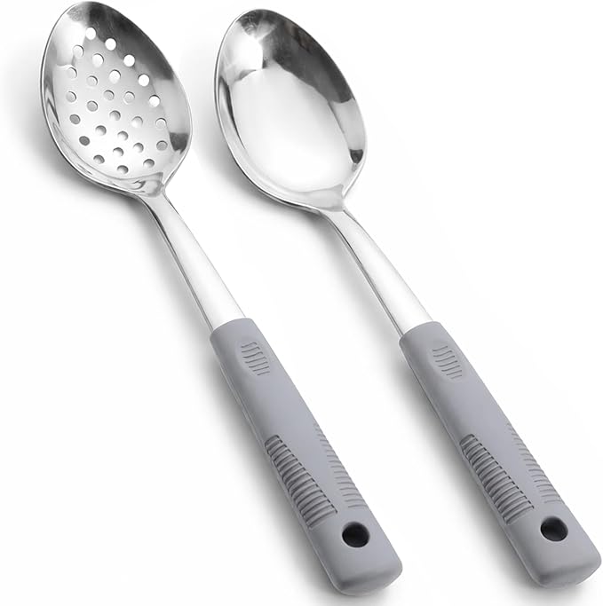 Stainless Steel Serving Spoon Set with Non-Slip Silicone Handles, 2-Piece Serving Spoon and Perforated Spoon, Home Kitchen, Parties & Daily Use (Grey)