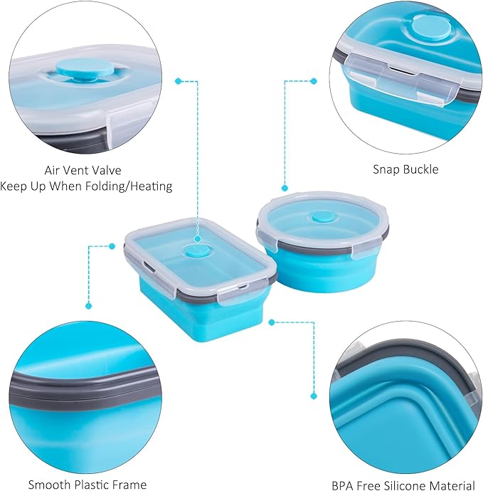 Collapsible Food Storage Containers with Lid & Air Vent, 16 Pack, 8 Rectangular + 8 Round, Foldable Silicone Lunch Containers Collapsible Bowls Set, Microwave Freezer Dishwasher Safe, Blue