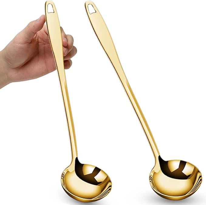 2Pcs Soup Ladle Soup Spoons 304 Stainless Steel Gold Ladle, 12.2Inch Long Handle Large Serving Spoon for Cooking Buffet, Party, Kitchen, Gold