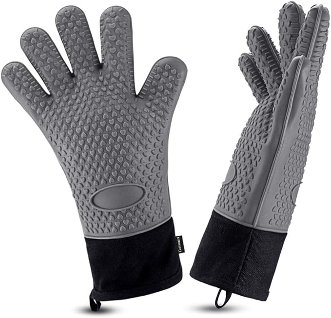 Comsmart BBQ Gloves, Heat Resistant Silicone Grilling Gloves, Long Waterproof BBQ Kitchen Oven Mitts with Inner Cotton Layer for Barbecue, Cooking, Baking, Smoker-Grey