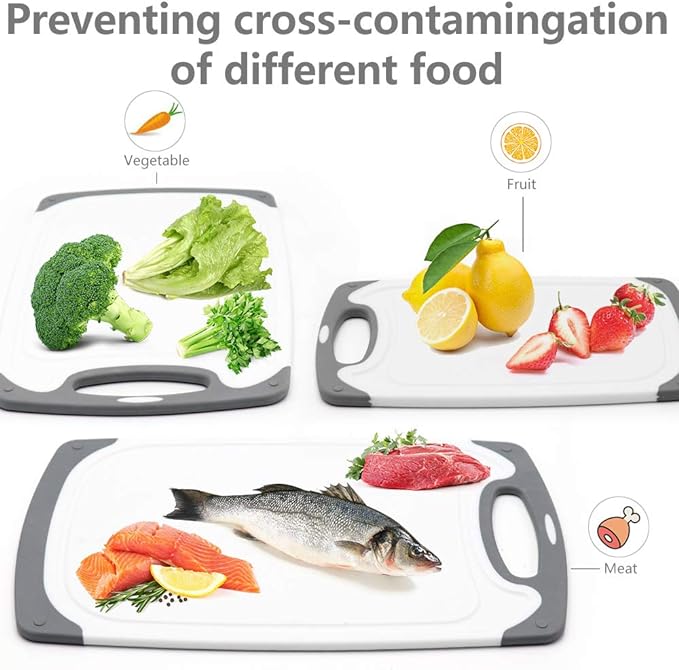 Cutting Boards for Kitchen, Plastic Chopping Board Set of 4 with Non-Slip Feet and Deep Drip Juice Groove, Easy Grip Handle, Dishwasher Safe, gray