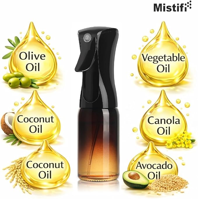 Mistifi Oil Sprayer 150ml glass bottle. Upgraded Version.Fine Mist Spray Bottle for Air Fryer, Olive Oil, Avocado Oil, Healthy Nonstick Frying, Commercial & Home Kitchen Use (2Pc Premium Dark Black)