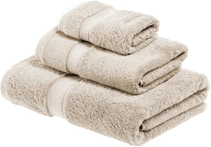 SUPERIOR Egyptian Cotton Pile 3 Piece Towel Set, Includes 1 Bath, 1 Hand, 1 Face Towel/Washcloth, Ultra Soft Luxury Towels, Thick Plush Essentials, Guest Bath, Spa, Hotel Bathroom, Stone