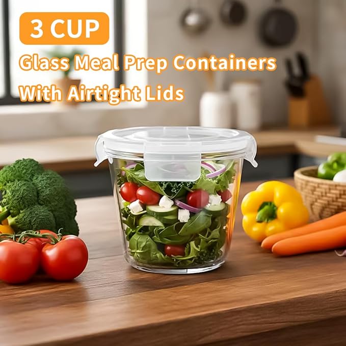 H.JSS WDJS 3Cup Round Glass Food Storage Containers with Airtight lids, 23oz Glass Meal Prep Containers, Heat-Resistant BPA-Free for Soup Leftover, Microwave, Dishwasher and Fridge Safe (white-4Pack)