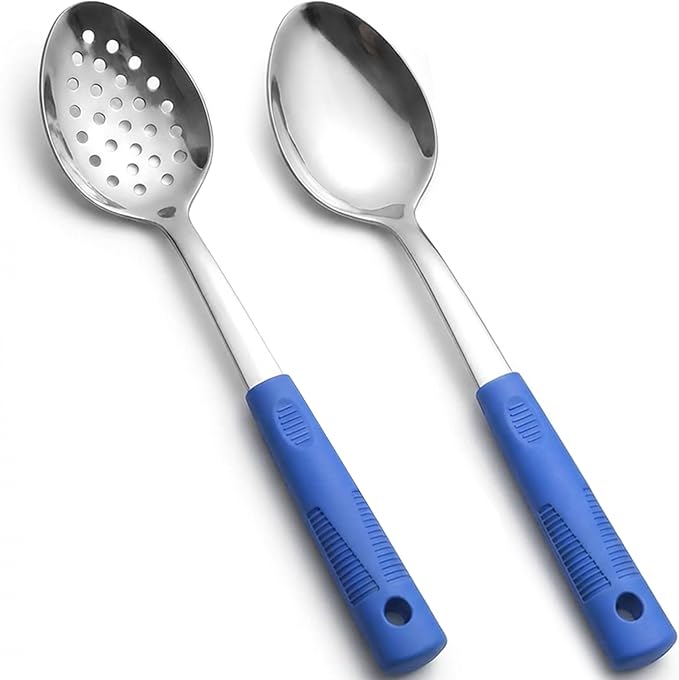 Stainless Steel Serving Spoon Set with Non-Slip Silicone Handles, 2-Piece Serving Spoon and Perforated Spoon, Home Kitchen, Parties & Daily Use (Blue)