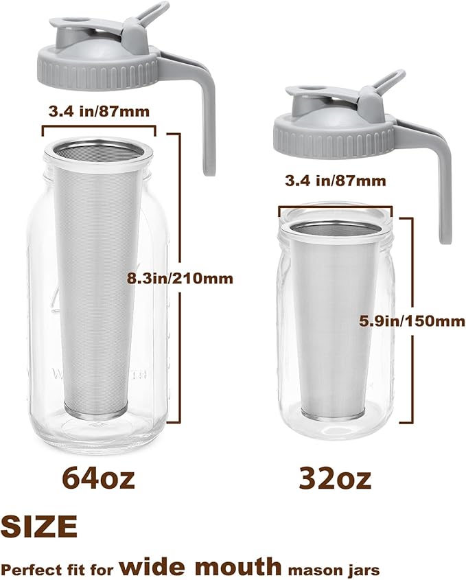 Cold Brew Coffee Filter with Pour Spout Lid for 32 OZ Wide Mouth Mason Jar, 304 Stainless Steel Strainer with Seal Ring for Iced Drinks, Sun Tea Infuser and Cold Brew Coffee Maker