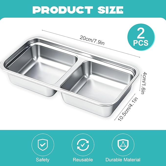 2Pcs 304 Stainless Steel Bento Boxes, 2 Compartments Portable Food Storage Containers Snack Boxes with Lids, Divided Meal Prep Lunch Box Food Container Dishwasher Safe