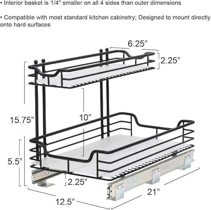 Household Essentials Glidez Powder-Coated Steel 2-Tier Pull-Out/Slide-Out Storage Organizer with Plastic Liners, 12.25" Wide, Black
