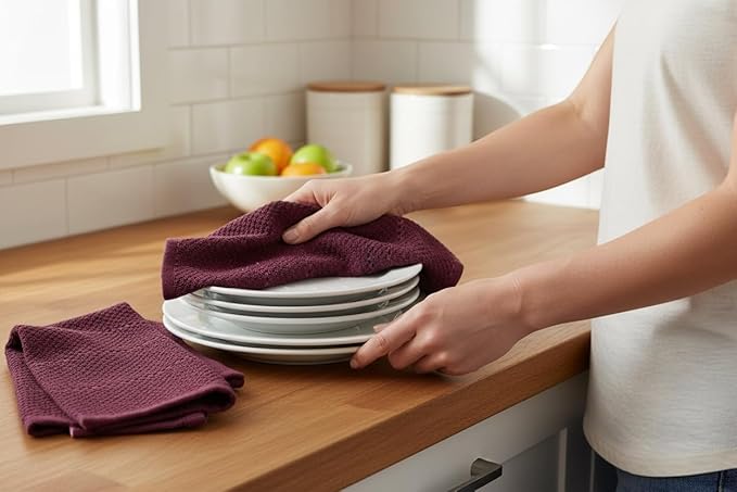 Serafina Home Purple Burgundy Wine Kitchen Hand Dish Towels: Oversized 28" x 18",100% Cotton Cloth Soft Cleaning Drying Absorbent Textured Design, Set of 3 Multipurpose for Everyday Use (Wine)