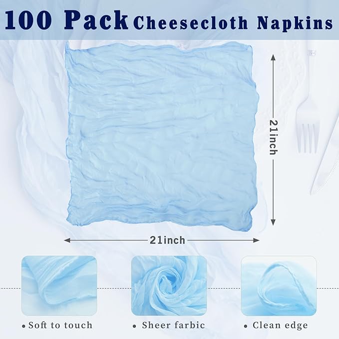 Baby Blue 100 Pack Cheesecloth Napkins Washable 21x21 Inches Baby Blue Cloth Napkins Set of 100 Bridal Baby Shower Dinner Table Napkins for Wedding Rustic Boho Cotton Gauze Summer Party Table Decor