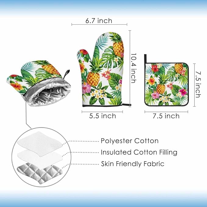 Tropical Pineapple Oven Mitts and Pot Holders Sets Palm Tree Flower Fruit Heat Resistant 3pcs for Cooking Baking BBQ