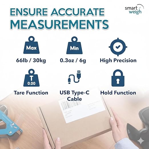 Smart Weigh Digital Postal Shipping Scale, 66 lb Capacity, 0.3 oz Readability, Hold & Tare Function, High-Accuracy Scale, Includes Batteries & USB-C