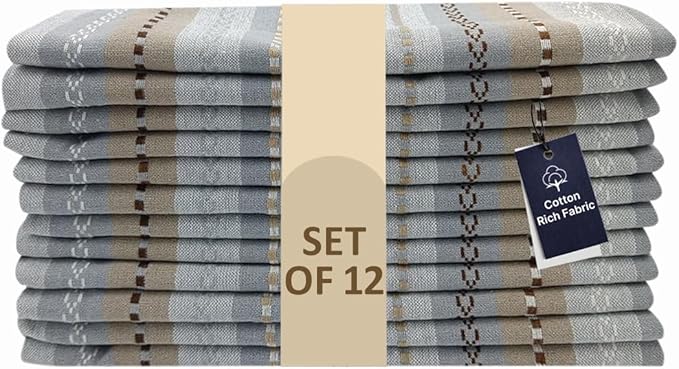 LFH Home Cotton Rich Cloth Salsa Napkin Set of 12 Washable Soft Durable Striped Table Napkins for Dining Wedding, Daily Use Reusable Eco-Friendly Napkins for Elegant Table Settings(18x18)-Grey Multi