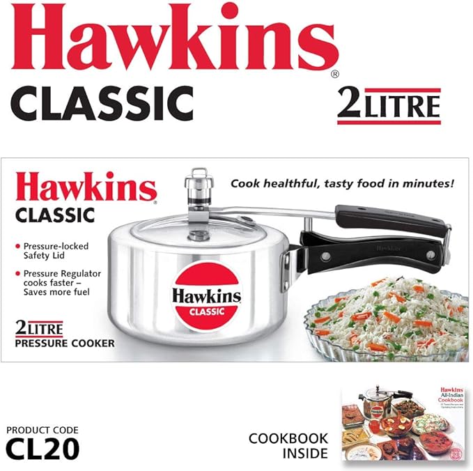 Hawkins 2 Litre Classic Pressure Cooker, Best Inner Lid Cooker, Small Cooker, Silver (CL20)