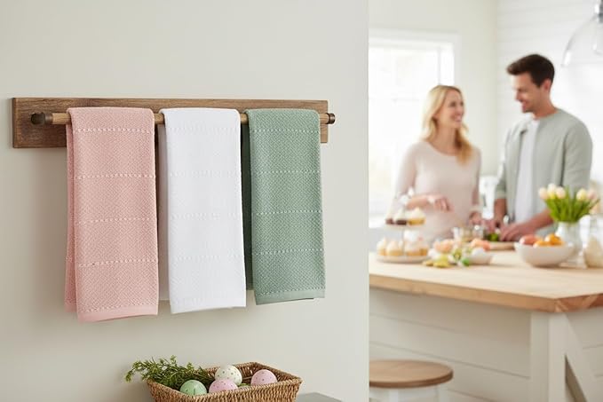 Sage White Light Pink Kitchen Hand Dish Towels: Oversized 28" x 18",100% Cotton Cloth Soft Cleaning Drying Absorbent Textured Design, Set of 3 Multipurpose for Everyday Use - Natural Collection
