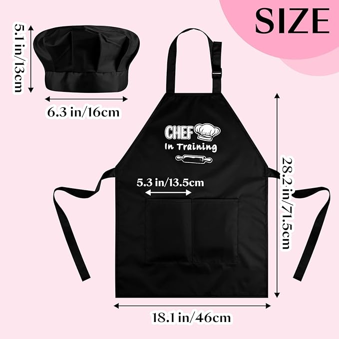 Kids Apron and Chef Hat Set Adjustable Child Aprons with 2 Large Pockets for Girls Boys Cooking Baking Painting Gift