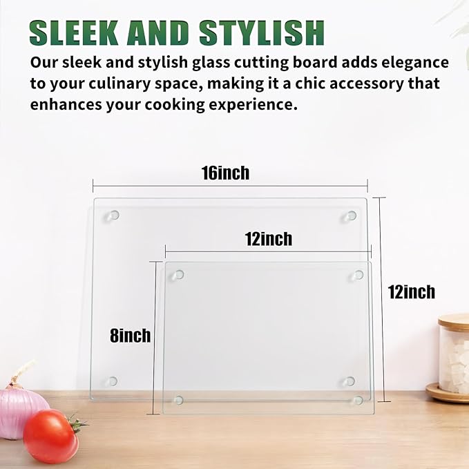 Seelenruhe Tempered Glass Cutting Boards for Kitchen Counter, Clear Cutting Boards for Countertop, Non-Slip, Heat-Resistant, Easy to Clean, Kitchen Decoration, 16x12 & 12x8 2PCS