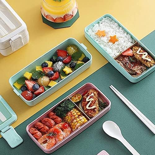 Rarapop Green Stackable Bento Lunch Box Kit, 3-In-1 Compartment Wheat Straw Lunch Containers with Tableware, Reusable On-the-Go Meal and Snack Containers