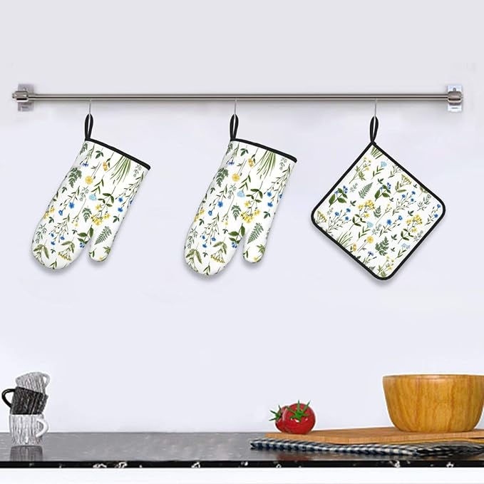 Blue Yellow Green Floral Oven Mitts & Pot Holders Sets of 3, Heat Resistant Sky Blue Teal White Flowers Kitchen Gloves and Hot Pads for Cooking Baking Grilling, Baking Gifts for Women, Kitchen Decor