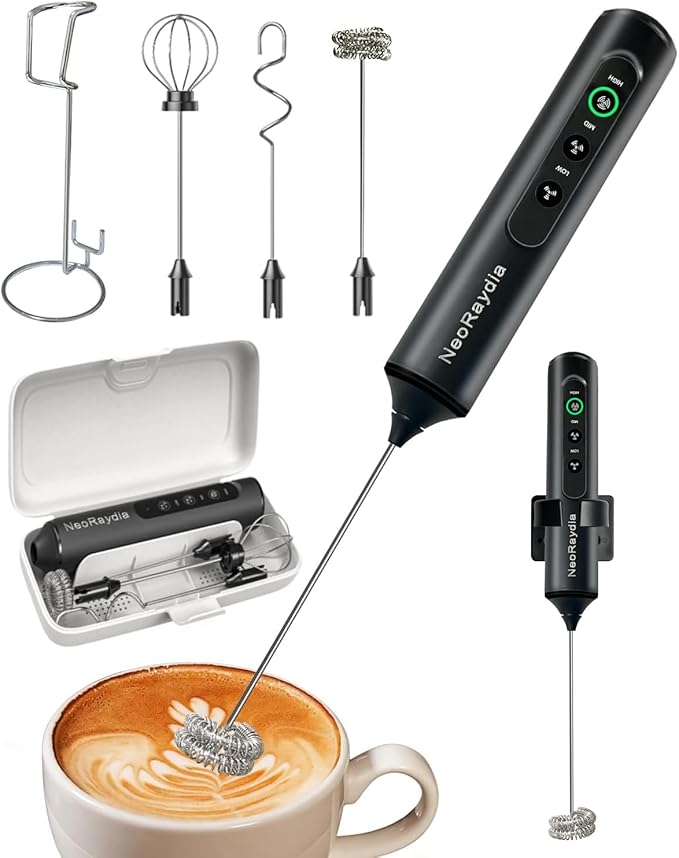 Electric Handheld Milk Frother Wand Rechargeable, 3-Speed Preventing Splashing Drink Mixer with Box, 10-Second Frothing for Coffee, Matcha, Latte, Cappuccino, and Protein Shakes, Black