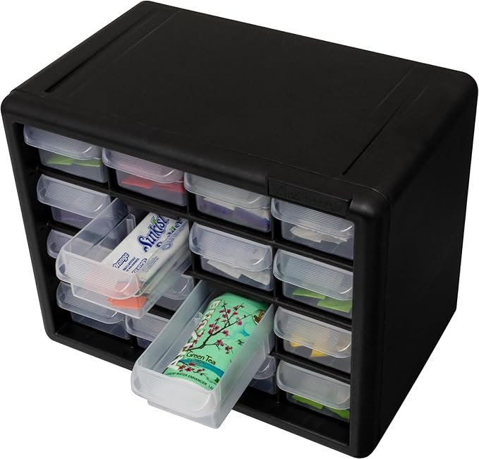 Akro-Mils 16-Drawer Plastic Drawer Storage Cabinet for Garage Organization, Beads, Makeup Organizer, Building Bricks Storage, Teacher Toolbox, 10-1/2" W x 6-1/2" D x 8-1/2" H, 10716 Black