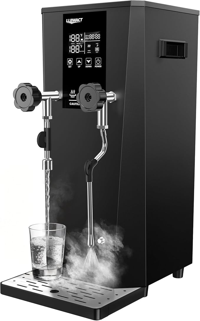 Commercial Steam Milk Frother,1.6Bar Fast Frothing in 15s,2000W 8L Boiler for Continuous Use, Temp Probe, Triple Safety, 3-in-1 Hot Water & Steam with LED Display for Coffee Shops& Restaurant