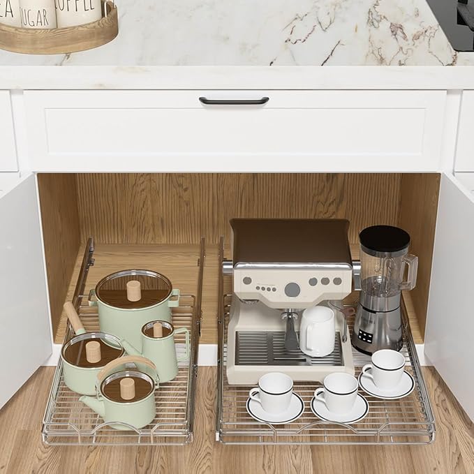 OCG Pull Out Cabinet Organizer (20.75" W x 17" D), Pull Out Shelves 1 Tier, Cabinet Slide Out Shelves for Base Cabinet Organization in Kitchen Bathroom Pantry, Bottom Mount, Chrome Finish
