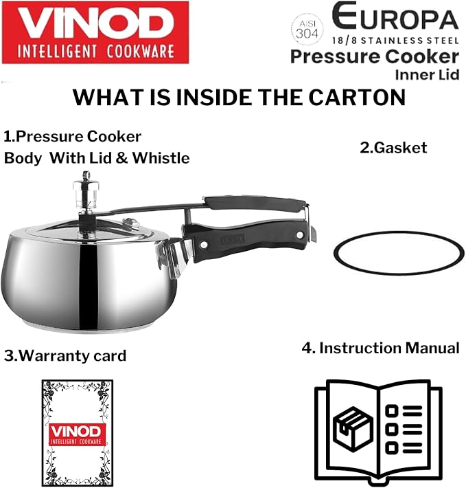 Vinod Europa Stainless Steel Inner Lid Pressure Cooker - 3 Litre | Handi Shape | Sandwich Bottom Cooker | Induction and Gas Base | ISI and CE certified