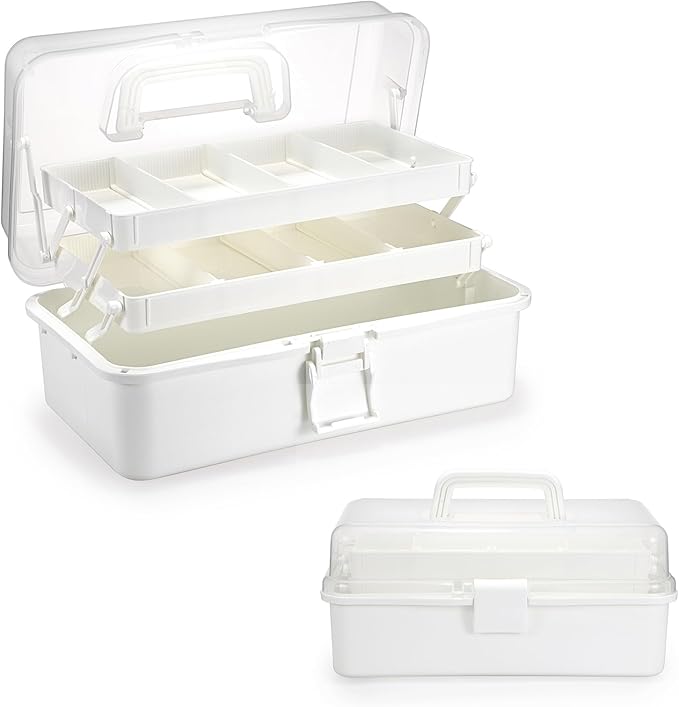 BTSKY 3-Layer Plastic Dividing Storage Box Craft Organizer with Adjustable Spacers Portable Handled Art Supply Organizer Multipurpose Home Utility Box for Medicine Box Sewing Box (Beige White)