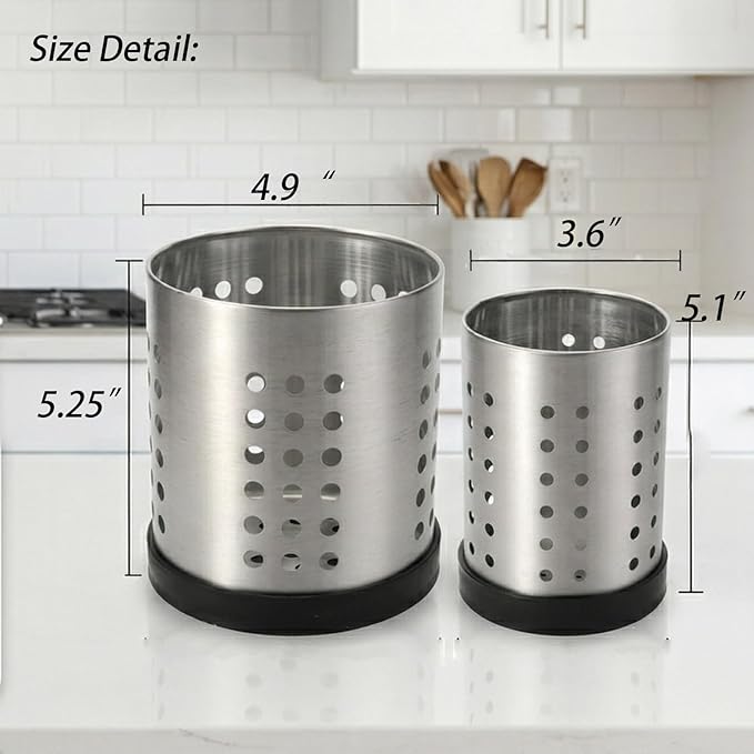 TOPZEA Set of 4 Kitchen Utensil Holder, Stainless Steel Cooking Utensil Organizer Flatware Silverware Holder Drying Rack Cylinder Kitchen Countertop Caddy for Chopstick, Spoon, Fork, Cultery, Straw