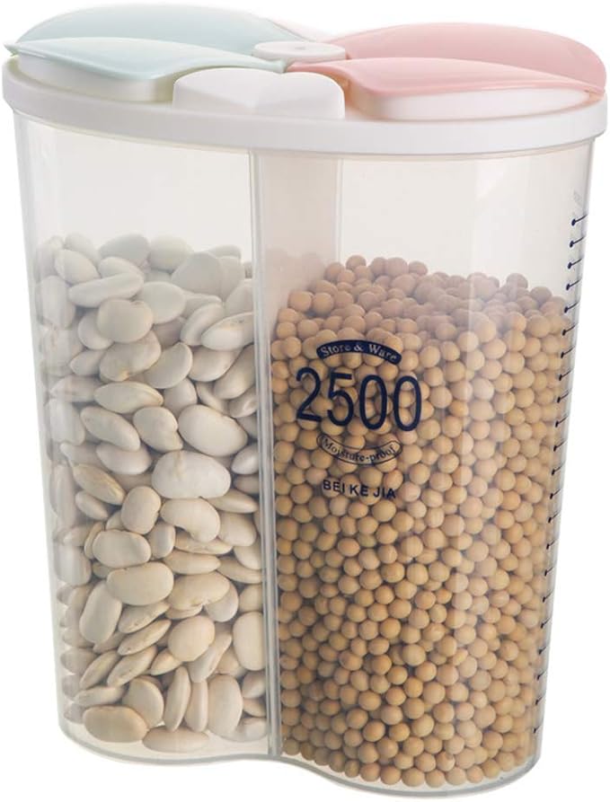 Airtight Kitchen Food Storage Container, Leak-Proof BPA Free Plastic Plastic Dry Cereal Dispensers Containers with Durable Lids for Flour, Sugar, Rice (2500ml-2 Grid)
