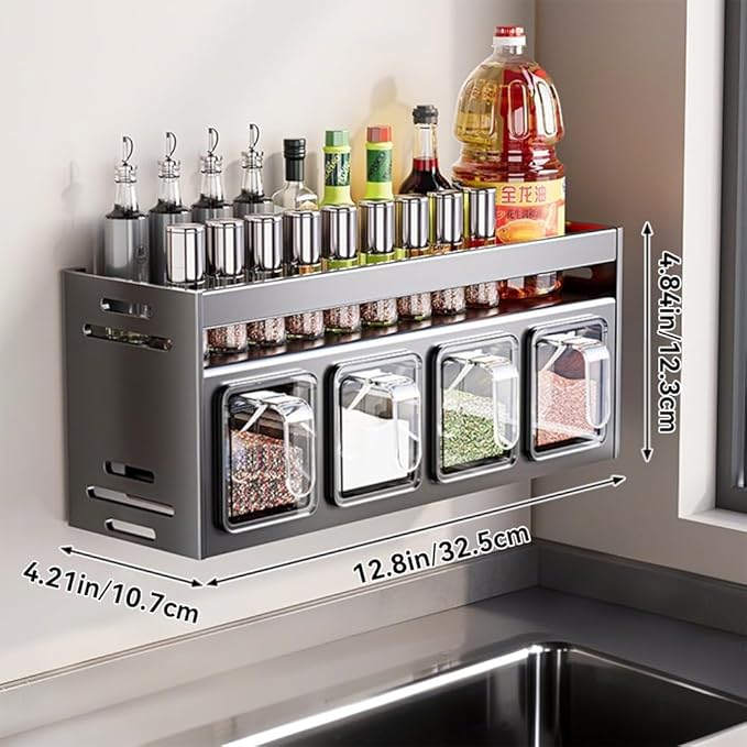 Kitchen Spice Rack Wall Mount Hanging Seasoning Box Over Stove Hanging Shelf Seasoning Jar Organizer for Sugar Salt Pepper (4 Box)