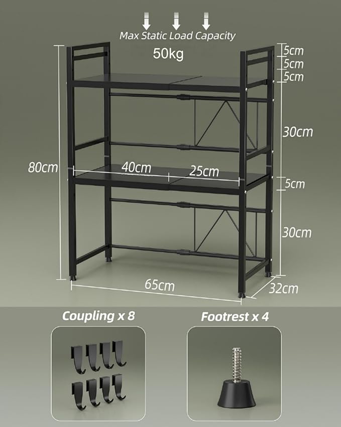 NETEL Expandable Microwave Stand,3 Tier Metal Kitchen Countertop Organizer Shelves with 8 Hooks,Bakers Rack,Microwave Shelf,Microwave Oven Rack,110lbs Weight Capacity