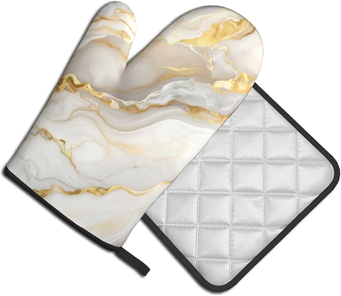 White Gold Marble Oven Mitts and Pot Holders Gold Veins Heat Resistant Oven Mitts Safe for Baking Cooking BBQ