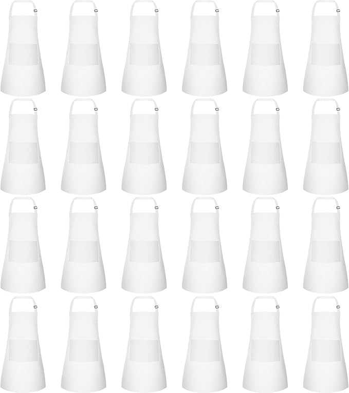 24 Pack Kids Apron bulk with 2 Pockets Adjustable Chef Art Apron Kids Painting Aprons for Cooking Baking Painting Crafting Grilling Activity（White）