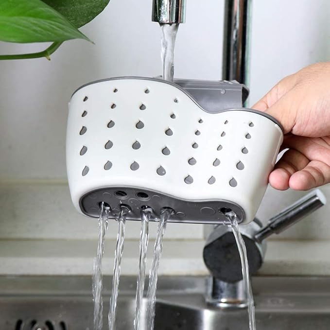 Kitchen Sink Caddy Sponge Holder Silicone Plastic Soap Holder Hanging Ajustable Strap Faucet Caddy with Drain Holes（2 Pack)